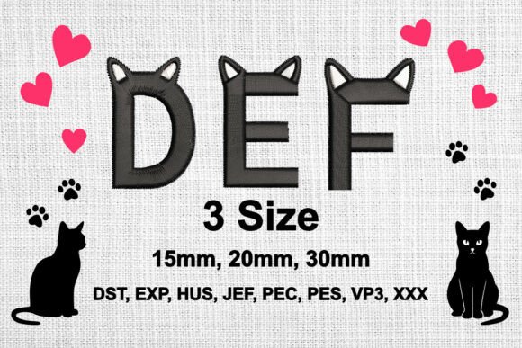 Cat Ears Embroidery Font Alphabet D,E,F