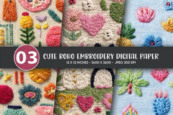 Cute Boho Embroidery Digital Paper