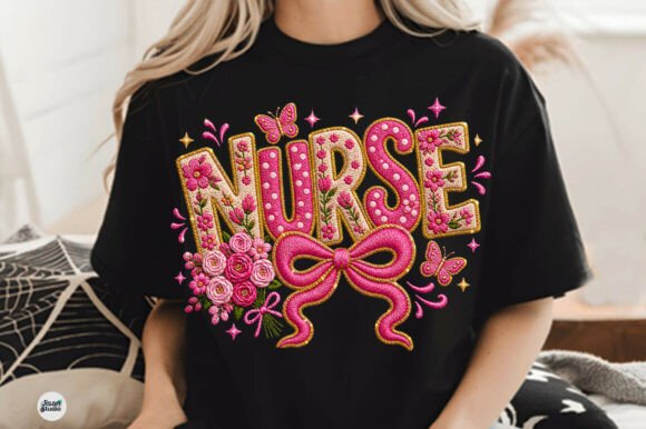 Nurse Floral Bow Faux Embroidery PNG