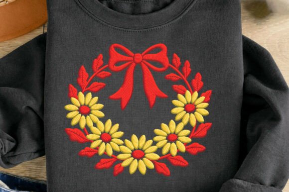 Red Bow Floral Wreath Embroidery Faux
