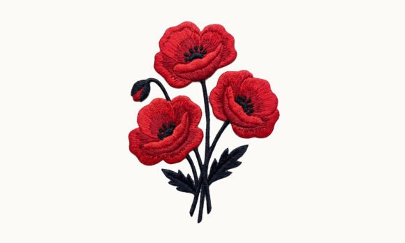 Red Poppy Floral Embroidery Clipart PNG