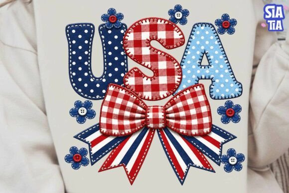 USA Patriotic Bow Faux Embroidery PNG
